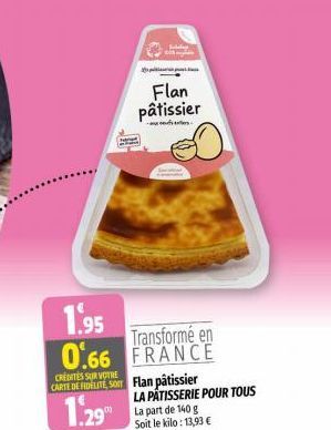 1.95  Transformé en  0.66 FRANCE  CREDITES SUR VOTRE  CARTE DE FIDELITE, SO Flan pâtissier  1.29  Flan pâtissier  -  LA PATISSERIE POUR TOUS La part de 140 g Soit le kilo: 13,93 € 