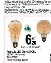 www  20  Dont 0,24 € d'Ecopart.  Ampoule LED Curve XXCEL  E27/5W.250 lumens  Blanc chaud  Finition Globe ou Edison 