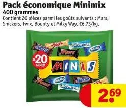dette  *20  mixed  pack économique minimix  400 grammes  contient 20 pièces parmi les goûts suivants : mars, snickers, twix, bounty et milky way. €6.73/kg.  bounty  minis  2.69 