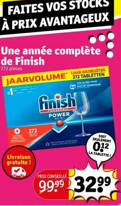 Livraison gratuite !  272  Une année complète de Finish  272 pièces  JAARVOLUME 272 TABLETTEN  STOP AU PRÉ-CANNÁN  finish  POWER  ALL IN 1  SOIT SEULEMENT  01²  LA TABLETTE!  PRIX CONSEILLÉ  99.⁹9 329