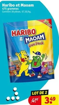 haribo et maoam 475 grammes contient 38 pièces. €7.35/kg.  haribo & maoam due pack  maribo  varigo starmie  lot de 2  499 349  bi64k  