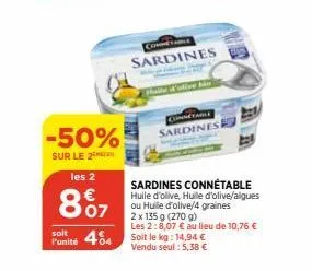 soit l'unité  -50%  sur le 2  les 2  867  404  sardines  we p  connetale sardines  sardines connétable huile d'olive, huile d'olive/algues  ou huile d'olive/4 graines  2 x 135 g (270 g)  les 2:8,07 € 