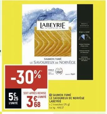 5% 15  l'unité  -30%  soit après remise  l'unité  labeyrie  saumon fumé le savoureux de norvège  68  ingele  saumon fumé  le savoureux de norvège labeyrie  x 2 tranches [75 gl le kg 49007  equilibre  