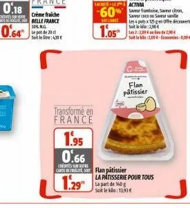 0.18  carnets were ricul  0.64"  crème fraiche  belle france 30% m.g. le pot de 20 d soit le litre: 4,30€  r  transformé en france  soli  1.05  1.95 0.66  credites sur votre  carte de lite so flan pât