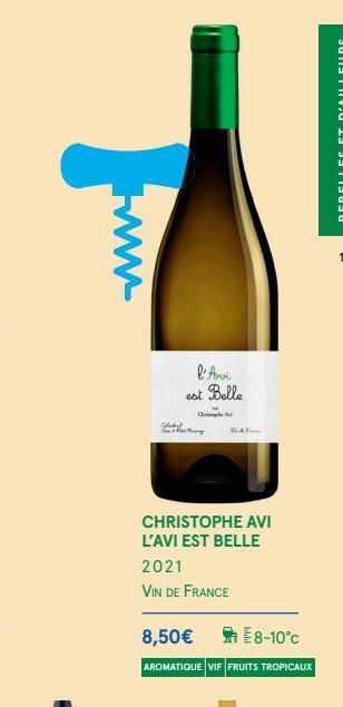 l'Ave est Belle  C  KAL  CHRISTOPHE AVI L'AVI EST BELLE  2021  VIN DE FRANCE  8,50€  AROMATIQUE VIF FRUITS TROPICAUX  E8-10°C 