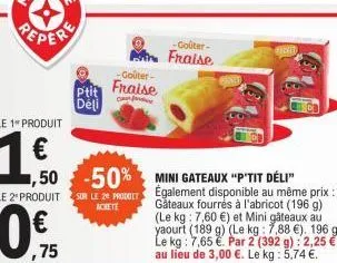 repere  ,75  ptit  deli  -goûter- fraise  comp  le 1 produit  1.0.  1,50 le 2 produit sur le 2 pro  -50%  achete  -goûter- fraise  mini gateaux "p'tit déli" également disponible au même prix: găteaux 