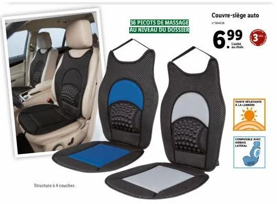 structure à 4 couches  36 picots de massage au niveau du dossier  couvre-siège auto  184228  l'unité au choix  €  teinte resistante a la lumiere  compatible avec airbag lateral 