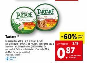 Produt  fals  Wriginal  TARTARE  Al&F  Offre Gourmande 250  TARTARE  Mole &delats Arundes Offe brands 250%  Tartare (2)  Le produit de 250 g: 2,19 € (1 kg-8,76 €)  Les 2 produits: 3,06 € (1 kg-6,12 €)
