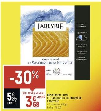 525  L'UNITÉ  -30%  SOIT APRÈS REMISE  LABEYRIE  SAUMON FUMÉ LE SAVOUREUX DE NORVÈGE  3%8  68  INGELE  LABEYRIE  x 2 tranches (15 g)  Le kg 49C07  SAUMON FUMÉ L'UNITE LE SAVOUREUX DE NORVÈGE  7540  EQ