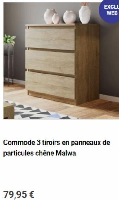 EXCLU WEB  Commode 3 tiroirs en panneaux de particules chêne Malwa  79,95 € 