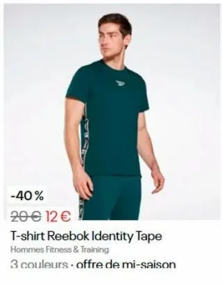-40%  20 € 12 €  t-shirt reebok identity tape hommes fitness & training  3 couleurs offre de mi-saison 