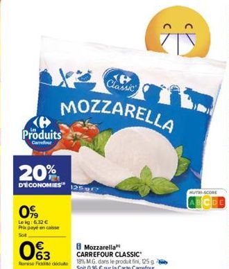 KB Produits  Carrefour  20%  D'ÉCONOMIES  099  Le kg: 6,32 € Prix paye en calsse  Sot  Classic  MOZZARELLA  0%3  Remise Fické déduite  125.9  Mozzarella CARREFOUR CLASSIC 18% M.G. dans le produit fini