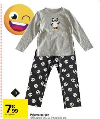 D  TEX  799  Le pyjama  Pyjama garçon  100% coton Gris. Du 3/4 au 15/16 ans. 