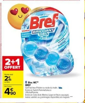 vendu sou  245  le bloc  2+1  offert  les 3 pour  +90  nouveau fraicheur polaire"  bref  brilliant gel  4en1  an-salet  parton rais ance intens  8 bloc wc  bref  gel fraicheur polaire ou rosée du mati