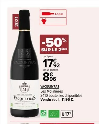 2021  les 2 pour  vacqueyras 1792  soit la bouteille  8.96  vacqueyras  les molinières  3410 bouteilles disponibles.  les molinieris  vacqueyras vendu seul : 11,95 €.  4-5 ans  -50%  sur le 2eme  ab  