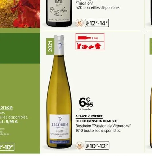 dopff  sal  pinot noir  2021  b  bestheim  alsace 3031  12°-14°  3 ans  tort  695  la bouteille  alsace klevener  de heiligenstein demi-sec bestheim "passion de vignerons" 1010 bouteilles disponibles.