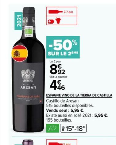 2021  30507  CASTILLO DE ARESAN  TEMPRANILLO TORO  2-7 ans  -50%  SUR LE 2EME  Les 2 pour  892  Soit La bouteille  446  ESPAGNE VINO DE LA TIERRA DE CASTILLA  Castillo de Aresan  515 bouteilles dispon