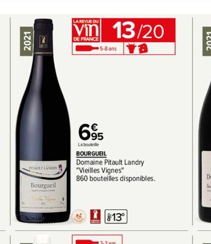 2021  PITAULT LANDRY  Bourgueil  The Bany  LA REVUE DU  Vin 13/20  DE FRANCE  ra  695  La bouteille  5-8 ans  BOURGUEIL  Domaine Pitault Landry "Vieilles Vignes" 860 bouteilles disponibles.  G  813⁰  