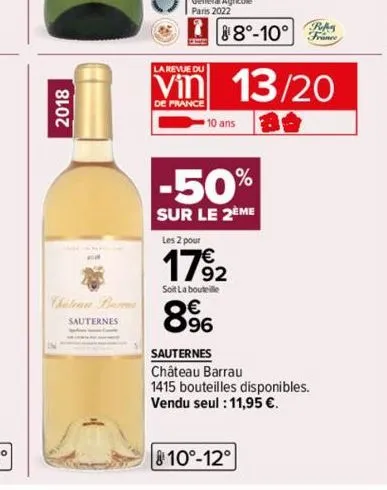 2018  chateau bars  sauternes  la revue du  de france  88-10°  13/20  10 ans  -50%  sur le 2ème  refe  france  les 2 pour  1792  soit la bouteille  89⁹6  sauternes château barrau  1415 bouteilles disp