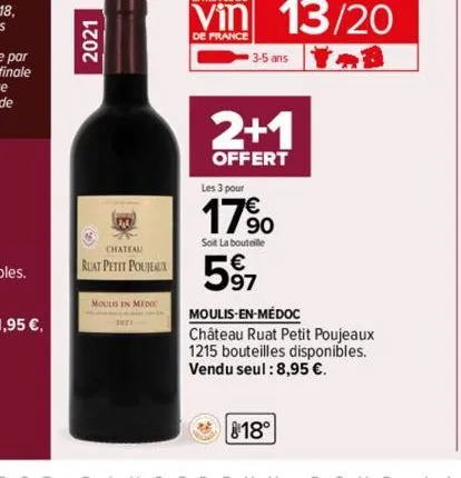 2021  ja  3  27 chateau  ruat petit poujeaux  moulis in medoc  de france  3-5 ans  13/20  2+1  offert  les 3 pour  17⁹0  soit la bouteille  5⁹7  818°  moulis-en-médoc  château ruat petit poujeaux 1215