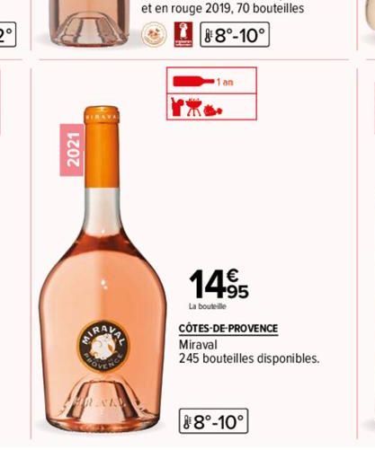 2021  VA  MIRA  HRNKY  1495  La bouteille  CÔTES-DE-PROVENCE  Miraval  245 bouteilles disponibles.  88°-10° 