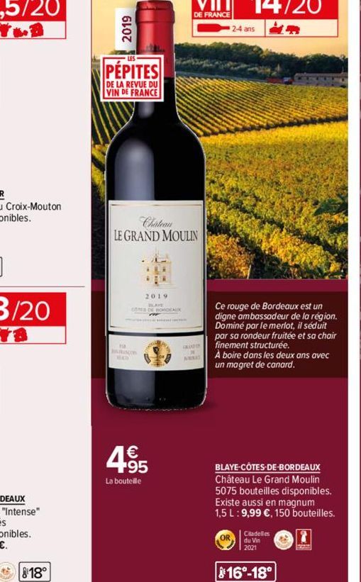 2019  818°  PÉPITES  DE LA REVUE DU VIN DE FRANCE  Chateau  LE GRAND MOULIN  Riscon  2019  495  La bouteille  2-4 ans  Ce rouge de Bordeaux est un digne ambassadeur de la région. Dominé par le merlot,