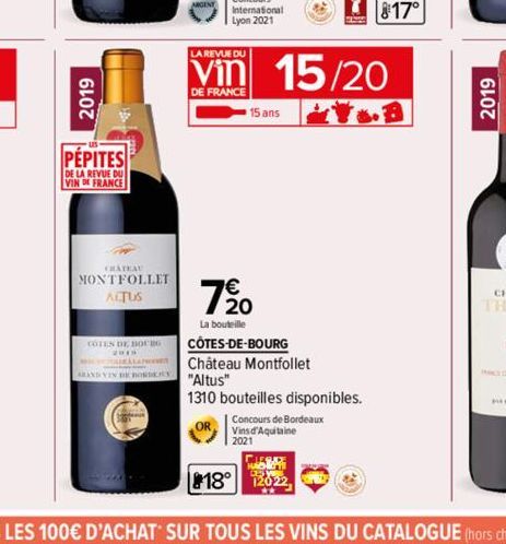 PEPITES  DE LA REVUE DU  VIN DE FRANCE  CHATEA MONTFOLLET ALTUS  COTES DE BOURG  ARAND VIN DE BORDER  LA REVUE DU  DE FRANCE  15/20  15 ans  720  La bouteille  CÔTES-DE-BOURG  Château Montfollet "Altu