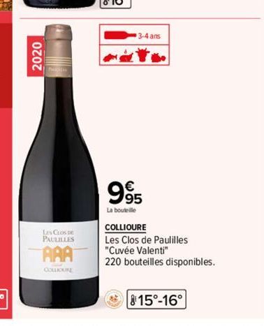 2020  LES CLOS DE PAULILLES  AAA  COLLIOURE  3-4 ans  99  La bouteille  COLLIOURE  Les Clos de Paulilles "Cuvée Valenti"  220 bouteilles disponibles.  815°-16° 