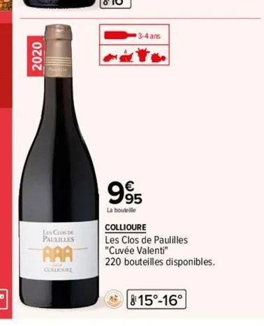 2020  les clos de paulilles  aaa  collioure  3-4 ans  99  la bouteille  collioure  les clos de paulilles "cuvée valenti"  220 bouteilles disponibles.  815°-16° 