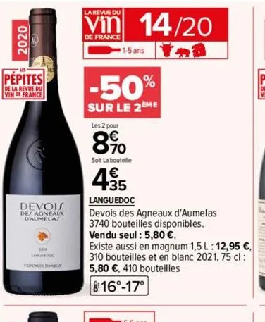 2020  pépites  de la revue du vin de france  devois des agneaux d'aumela  1  vignobles jeanjem  la revue du  vin 14/20  de france  1-5 ans  -50%  sur le 2eme  les 2 pour  8.70  soit la bouteille  +35 