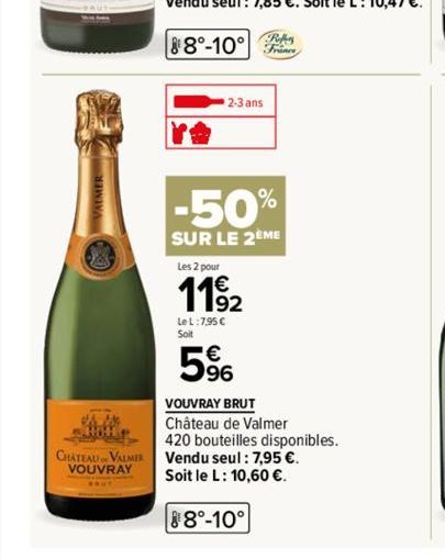 CHATEAU VALMER VOUVRAY  Refer  88°-10° France  2-3 ans  -50%  SUR LE 2EME  Les 2 pour  1192  LeL:7,95 €  5%  VOUVRAY BRUT Château de Valmer  420 bouteilles disponibles.  Vendu seul: 7,95 €. Soit le L: