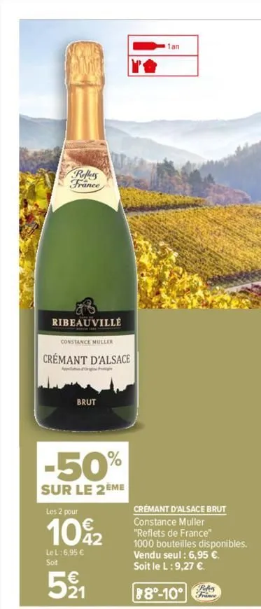 reflets france  ribeauville  constance muller  crémant d'alsace  app p  brut  -50%  sur le 2eme  les 2 pour  109/2  42  le l: 6,95 € soit  521  1an  crémant d'alsace brut  constance muller  "reflets d