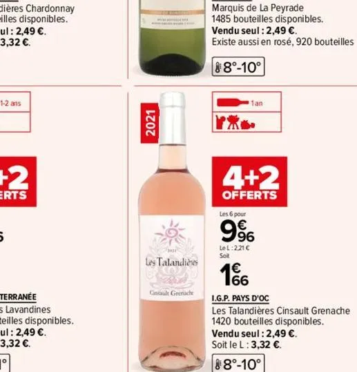 1-2 ans  2021  les talandières  cinsault grenache  vendu seul : 2,49 €.  existe aussi en rosé, 920 bouteilles  88°-10°  『紫  1an  4+2  offerts  les 6 pour  9%  lel:221 €  soit  i.g.p. pays d'oc  les ta