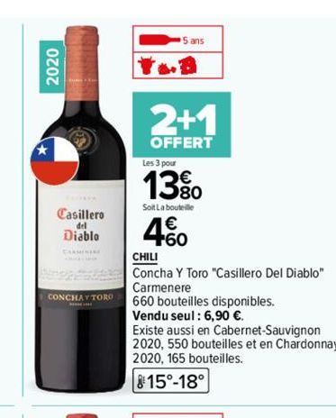 2020  Casillero  del  Diablo  CONCHAY TORO  5 ans  2+1  OFFERT  Les 3 pour  13%  Soit La bouteille  4%  CHILI  Concha y Toro "Casillero Del Diablo" Carmenere  660 bouteilles disponibles.  Vendu seul :