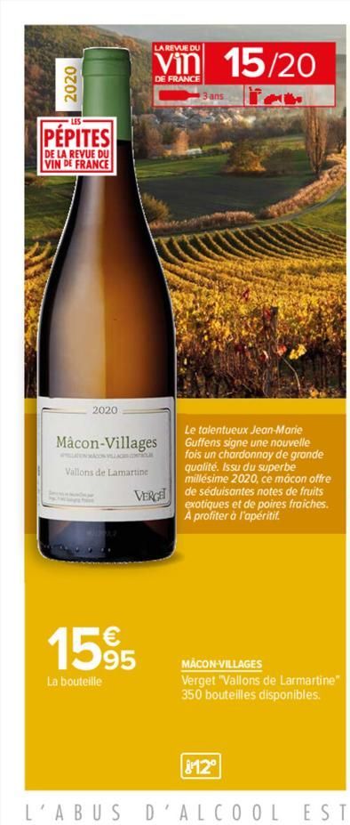 2020  PÉPITES  DE LA REVUE DU VIN DE FRANCE  2020  Mâcon-Villages  ALLACES.CO  Vallons de Lamartine  LA REVUE DU  Vin 15/20  DE FRANCE  VERGET  1595  La bouteille  Le talentueux Jean-Marie Guffens sig