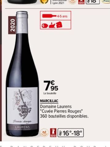 2020  Blues Roger LAURENS  4-5 ans  7⁹5  La bouteille  MARCILLAC  Domaine Laurens "Cuvée Pierres Rouges" 360 bouteilles disponibles.  16°-18° 