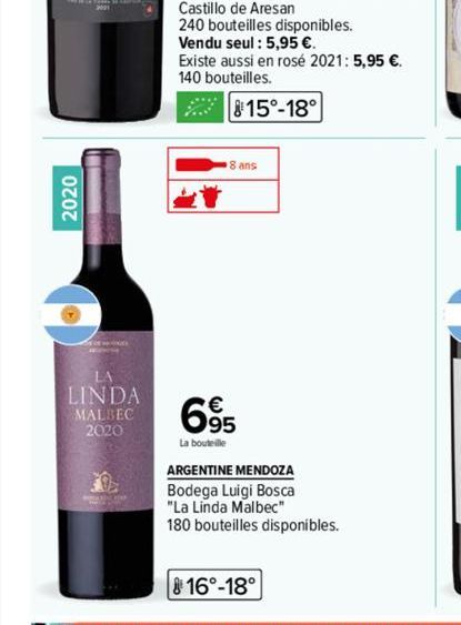 2020  LA  LINDA  MALBEC 2020  Existe aussi en rosé 2021: 5,95 €.  140 bouteilles.  815-18°  8 ans  695  La bouteille  ARGENTINE MENDOZA  Bodega Luigi Bosca  "La Linda Malbec"  180 bouteilles disponibl