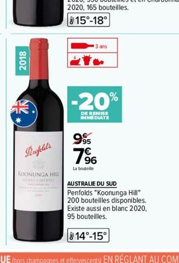 2018  Senylali.  KOONUNGA HILL  AZ CASERSAT  995  3 ans  -20%  DE REMISE IMMEDIATE  1⁹96  La bouteille  AUSTRALIE DU SUD Penfolds "Koonunga Hill" 200 bouteilles disponibles. Existe aussi en blanc 2020