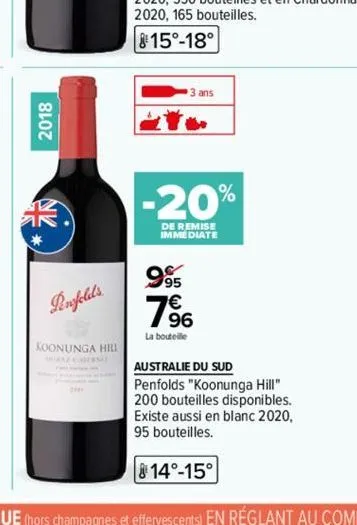 2018  senylali.  koonunga hill  az casersat  995  3 ans  -20%  de remise immediate  1⁹96  la bouteille  australie du sud penfolds "koonunga hill" 200 bouteilles disponibles. existe aussi en blanc 2020
