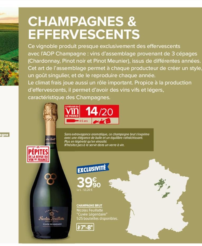 CHAMPAGNES & EFFERVESCENTS  Ce vignoble produit presque exclusivement des effervescents avec l'AOP Champagne : vins d'assemblage provenant de 3 cépages (Chardonnay, Pinot noir et Pinot Meunier), issus