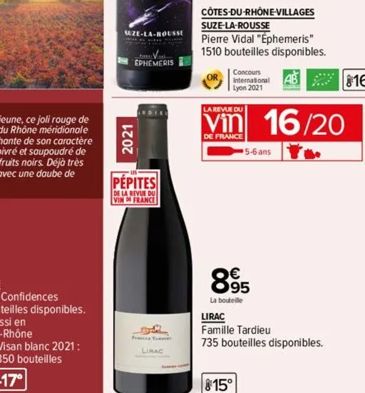 suze-la-rousse  2021  ephemeris  rdiel  pépites  de la revue du vin de france  a  familla terr  lirac  côtes-du-rhône-villages  suze-la-rousse  pierre vidal "éphemeris" 1510 bouteilles disponibles.  c