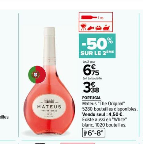 MATEUS  THE ORIGINAL  ROSE  ********  -50%  SUR LE 2EME  Les 2 pour  695  Soit La bouteille  398  PORTUGAL  Mateus "The Original"  5280 bouteilles disponibles.  Vendu seul : 4,50 €. Existe aussi en "W