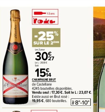 AUT  CHAMPAGNE  1-3 ans  1514  CHAMPAGNE BRUT  de Castellane de Castellane  -25%  SUR LE 2ÈME  Les 2 pour  3097  Le L:2018 €  Soit  4245 bouteilles disponibles.  Vendu seul : 17,30 €. Soit le L: 23,07