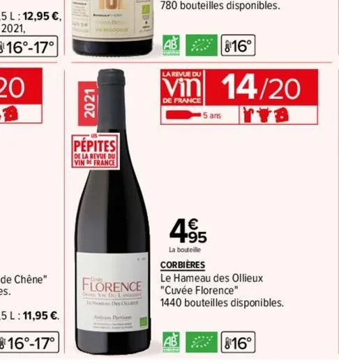 816°-17°  2021  pépites  de la revue du vin de france  it- florence  yn de l temu des ons  artisan partisan  ab 16°  la revue du  vin 14/20  de france  ra  la bouteille  1€ +95  5 ans  ab  corbières  