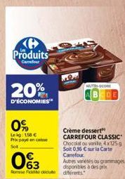 C Produits  Curmforur  20%  D'ÉCONOMIES  0%  Leig: 150 € Prix payé en case Sol  93  63  Rose Fit dicut différents  Crème dessert CARREFOUR CLASSIC Chocolat ou vanille, 4x125 g Soit 0,36 € sur la Carte