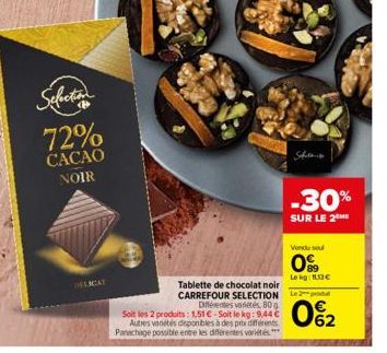 Selection 72% CACAO NOIR  DELICAT  -30%  SUR LE 2  Vondu sou  0%9  Lekg: 1.13€  Tablette de chocolat noir CARREFOUR SELECTION L Différentes varietés, 80g Soit les 2 produits: 1.51 €-Soit le kg: 9.44 €