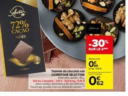 selection  72%  cacao  noir  delicky  tablette de chocolat noir carrefour selection différentes variétés, 80 g  soit les 2 produits: 1,51 € - soit le kg: 9,44 € autres variétés disponibles à des prix 