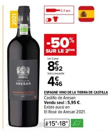 2021  castillo de aresan  tempranillo toro  2-7 ans  -50%  sur le 2eme  les 2 pour  892  soit la bouteille  496  espagne vino de la tierra de castilla  castillo de aresan  vendu seul : 5,95 €.  existe
