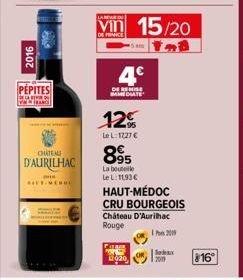 2016  PEPITES  WWWRANCE  CHATEAU  D'AURILHAC  pe  MERE  LAR  vin 15/20  FRANCE  4€  DE REMISE IMMEDIATE  12%  Le L:1227 €  895  La bouteile Le L: 11,93 €  HAUT-MÉDOC CRU BOURGEOIS Château D'Aurilhac R