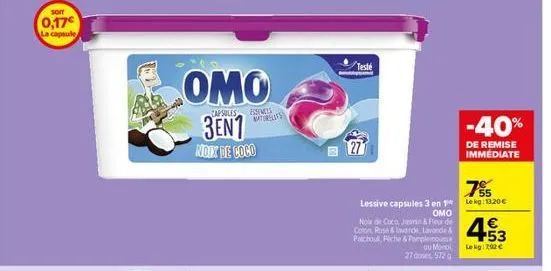 sonr  0,17€ la capsule  omo  capsules essemets  3en1  noix de coco  naturelles  teste  277  lessive capsules 3 en 1  omo  nola de coco, jasmin & fleur de coton, rose & vande lavande & patchoul piche &